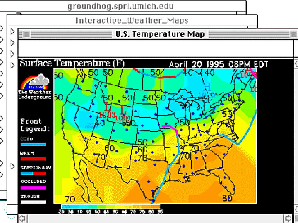 Screenshot of the early Mac program that says "U.S. Temperature Map," showing a line drawing map of the U.S. with an orange to blue gradient overlaw for temperature and colored lines to represent weather fronts.