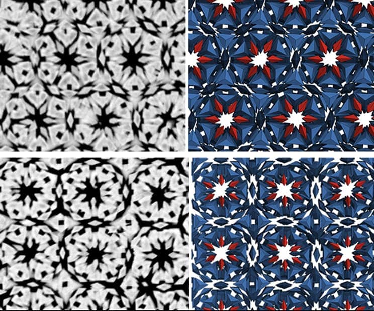 Electron microscope image next to simulated image of complex patterns in nanostructures