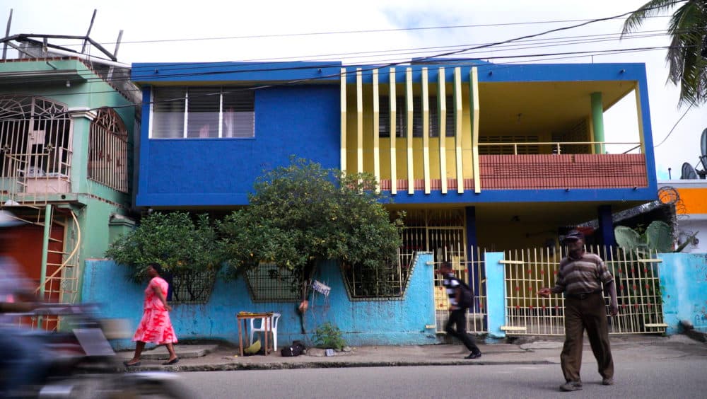 The exterior of a colorful building.