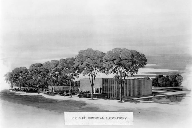 Drawing of a rectangular building with tall trees around it.