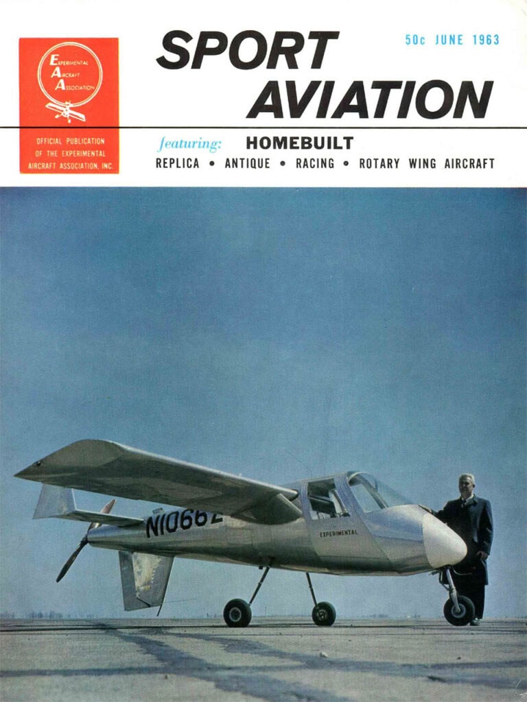 Magazine cover of "Sport Aviation" with a large color photo of a small, un-painted aluminum airplane with a propeller at the rear and Ed Lesher standing next to it.
