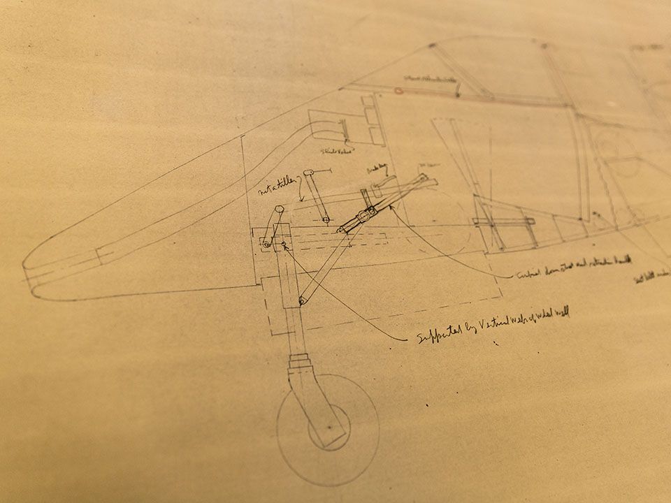 Photo of part of a pencil-drawn side view of the Teal, focusing on the nose and the front wheel assembly.