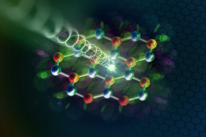 a rendered illustration of a pulse of circularly polarized light hitting semiconductor