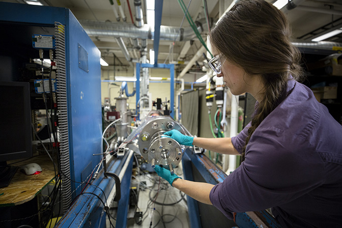 PhD student Rachel Schwind works in the lab