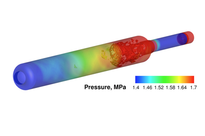 a 3d simulation of combustion and pressure inside a rocket engine through heat map visualization