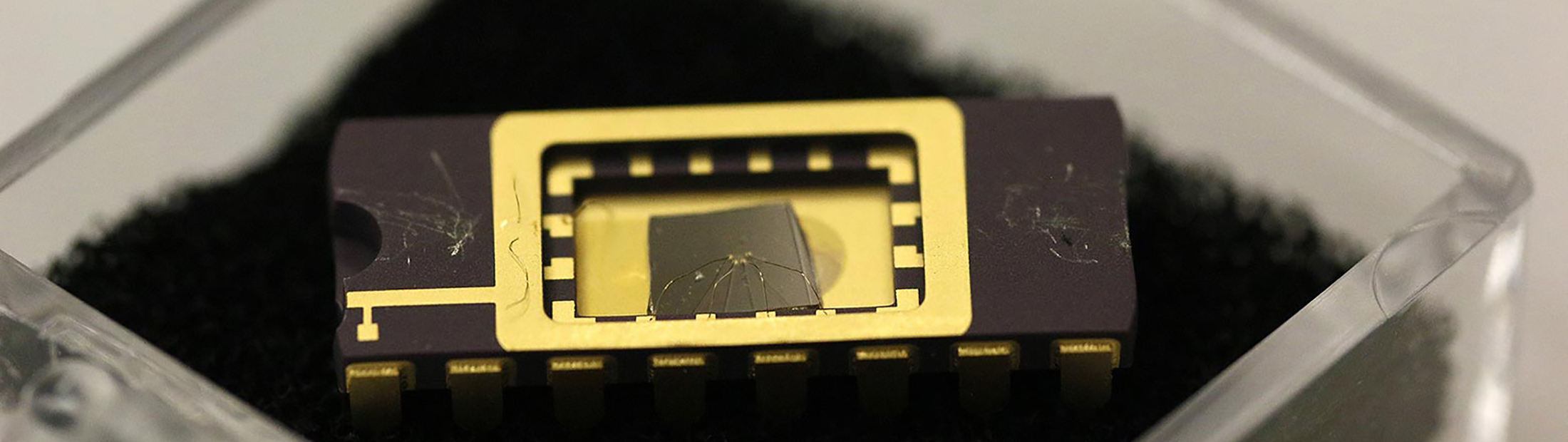 a close up image of a graphene field-effect transistor developed at purdue university