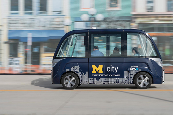 an image of autonomous shuttle navya at mcity