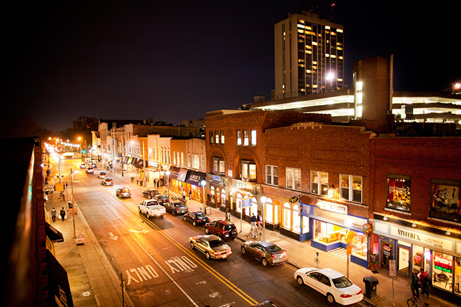 a long shot view of the streets of ann arbor where the world's largest deployments of connected vehicles and infrastructure has been underway for three years