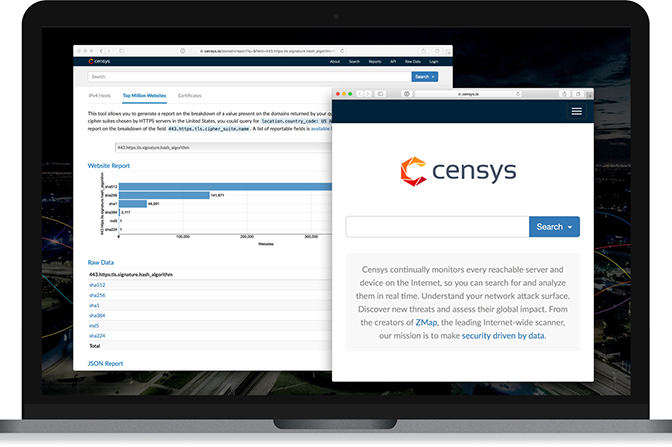 a screenshot of the censys homepage and statistical report generated by the tool