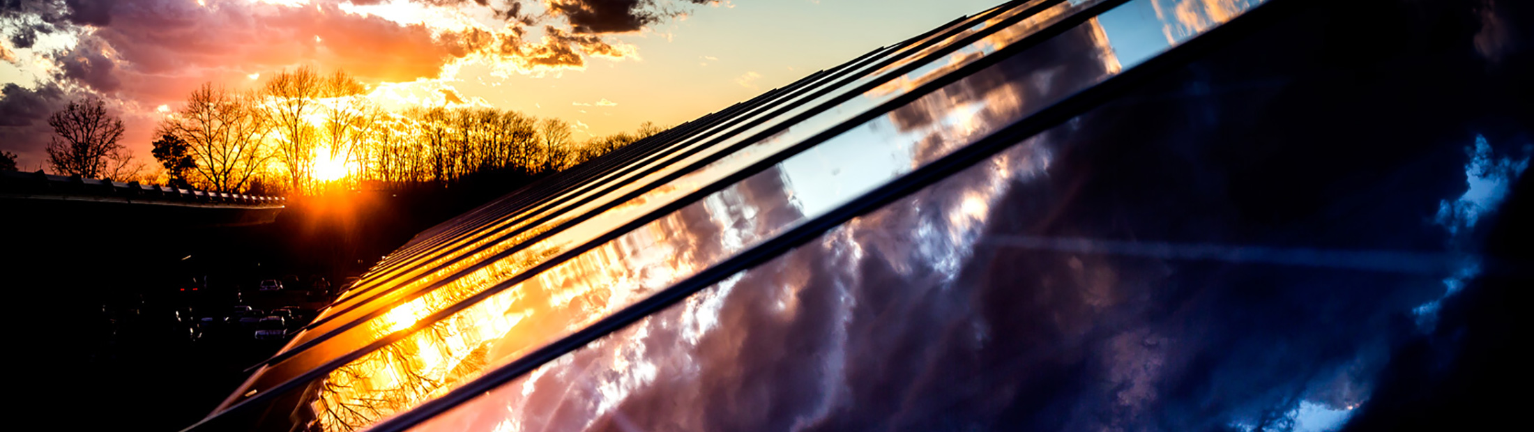 an image of solar array on UM North campus with reflection of a sunset on the solar cells