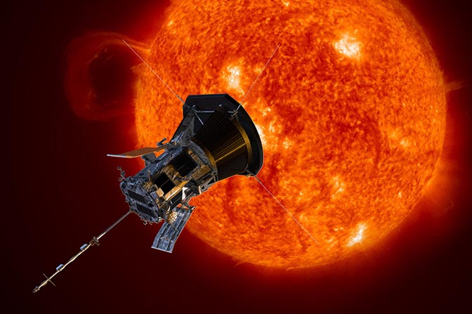 Simulated image of metallic satellite probe orbiting sun