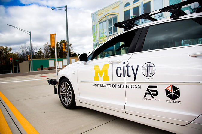 an image of the autonomous vehicle at the mcity test facility