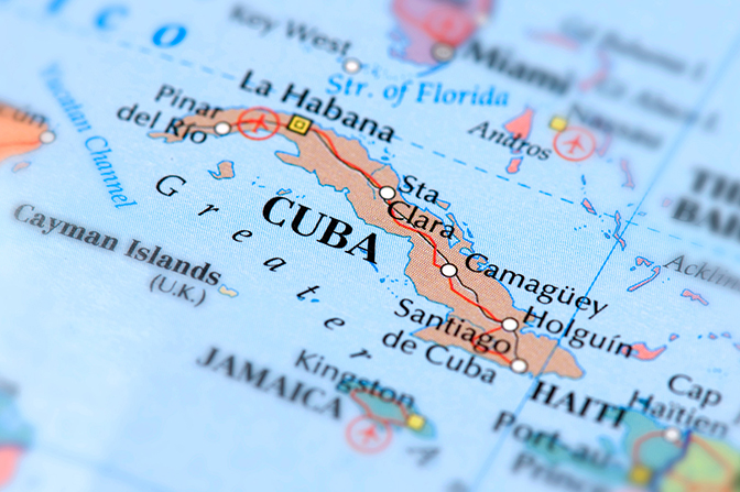 A close-up of Cuba on a world globe.