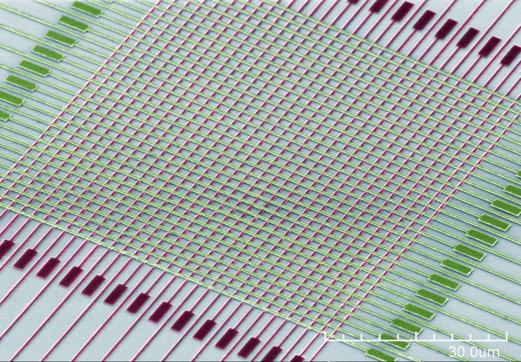 A close up of a memristor array