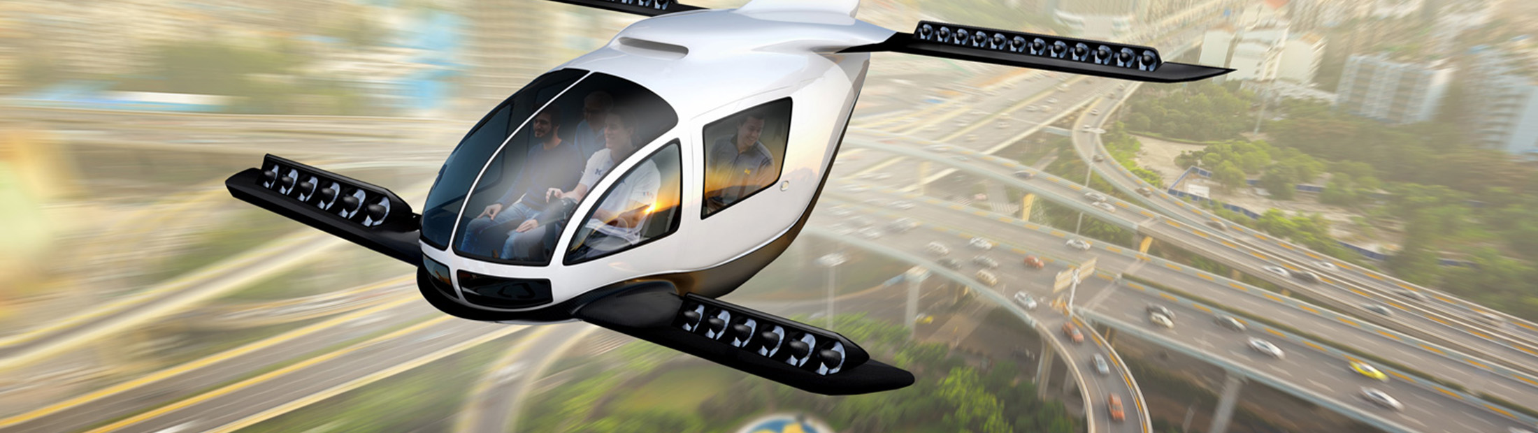 Simulation of a Person in flying vehicle far above the highway