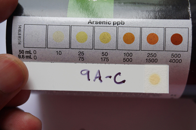 completed test strip showing color indication of arsenic in water sample