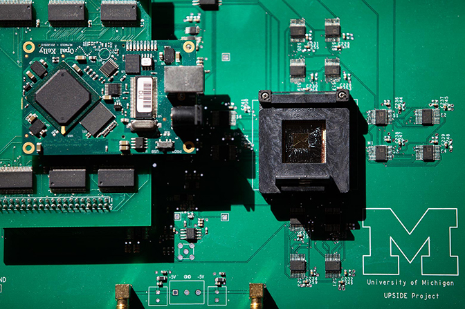 A close-up of the circuitry on a computer chip.