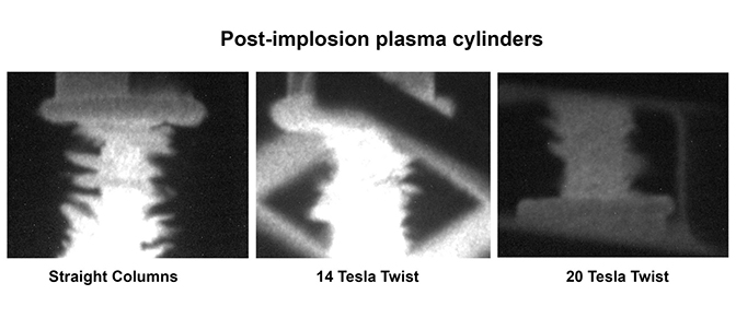 Three grayscale images labeled "Straight Columns", "14 Tesla Twist", and "20 Tesla Twist" from left to right.