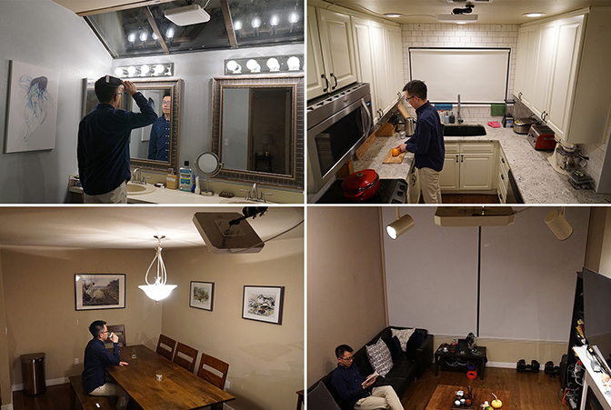 A series of images of a man in various rooms in his home.