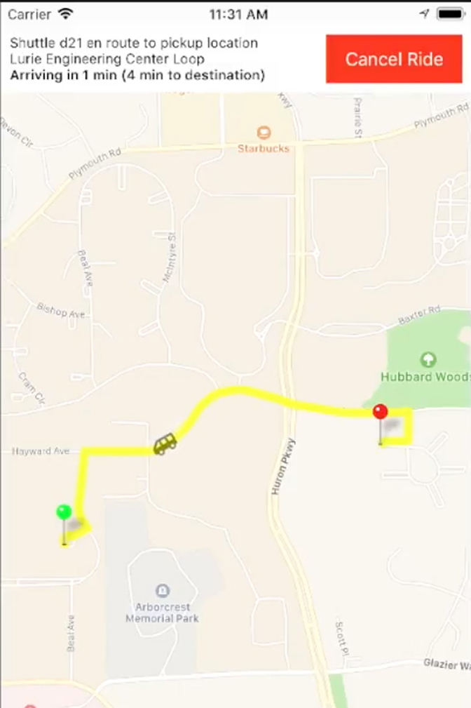 A screenshot of a map with a route marked between two points.