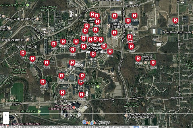 A map of Ann Arbor with many spots marked with a red 'R'.