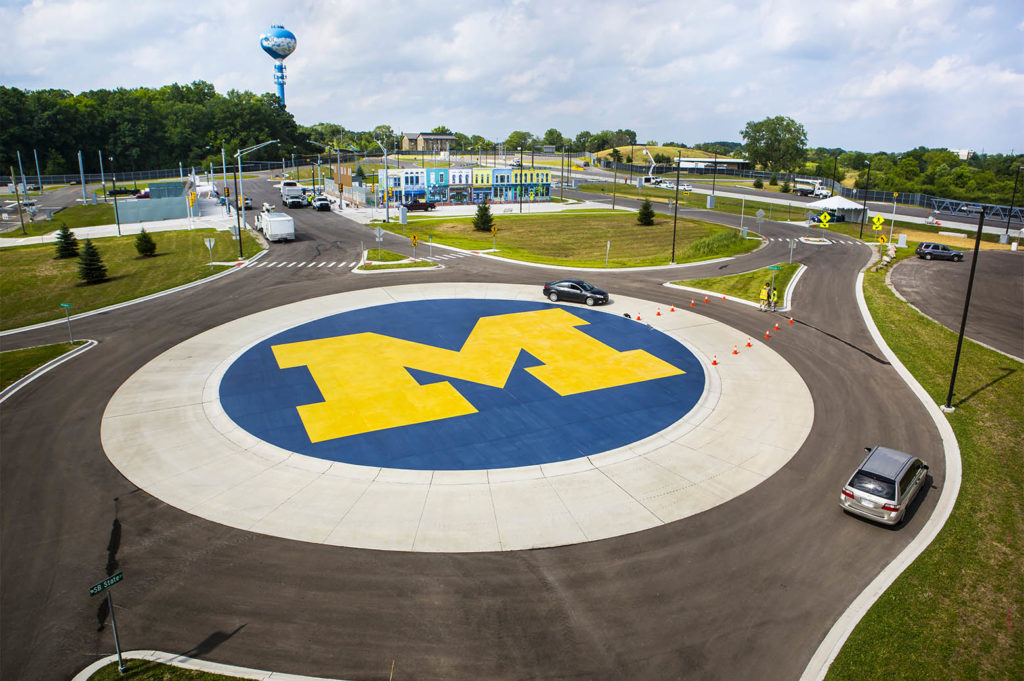 Aerial view of roundabout with Michigan logo in center