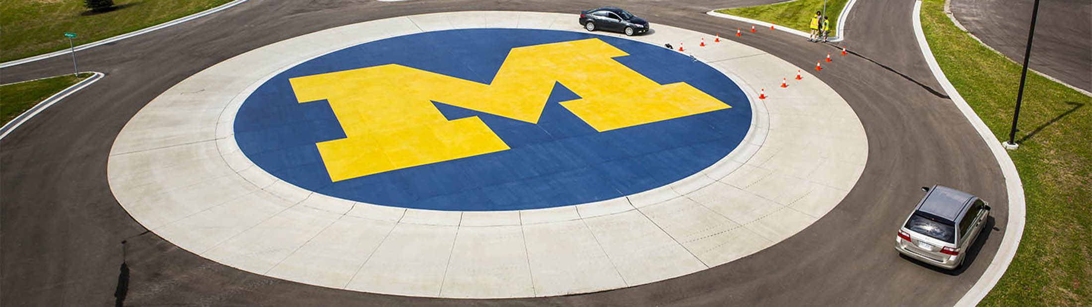 Aerial view of roundabout with Michigan logo in center