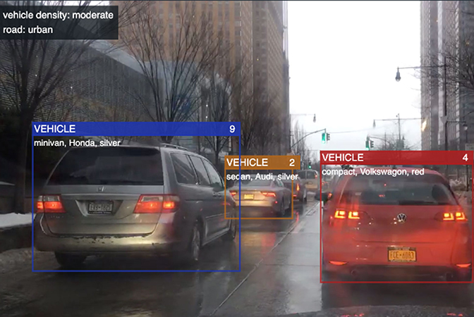 a screenshot of an ai video processing software that categorizes car objects by type, make and color