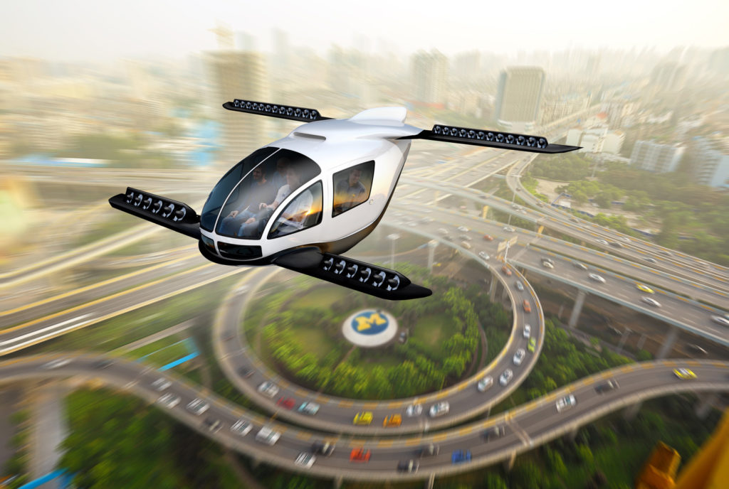 SImulation of a Person in flying vehicle far above the highway