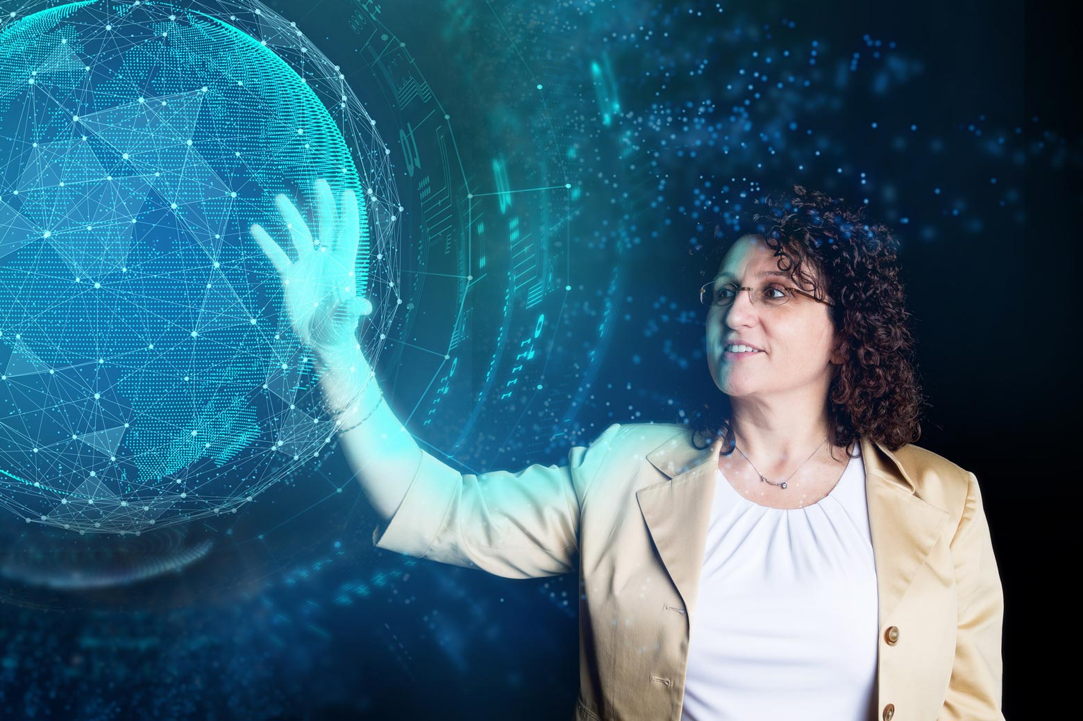 abstract illustration of researcher valeria bertacco interacting with the new computing ecosystem