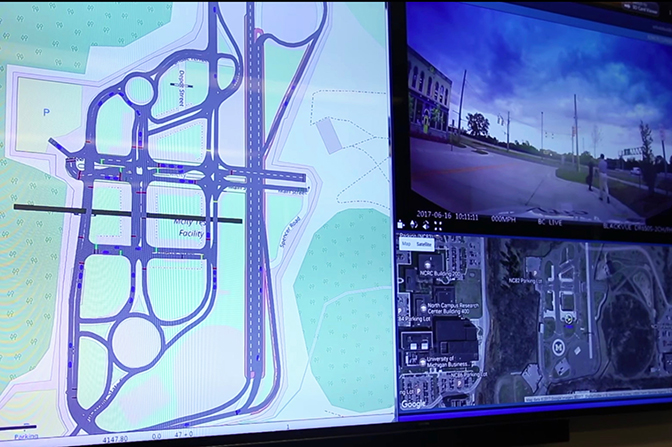 An image of a screen showing a map of Mcity with paths of virtually connected vehicles at Mcity.