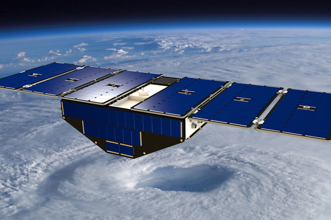 Illustration of satellite over hurricane