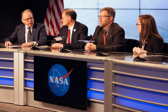 A press conference held at the Kennedy Space Center in Florida.