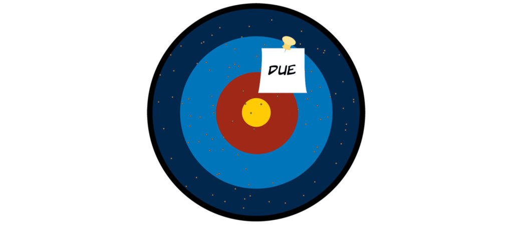 A cartoon of a bullseye with a piece of paper labelled "Due" on it.