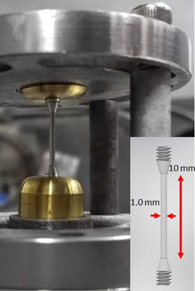 A metal rod held between two plates of a machine.