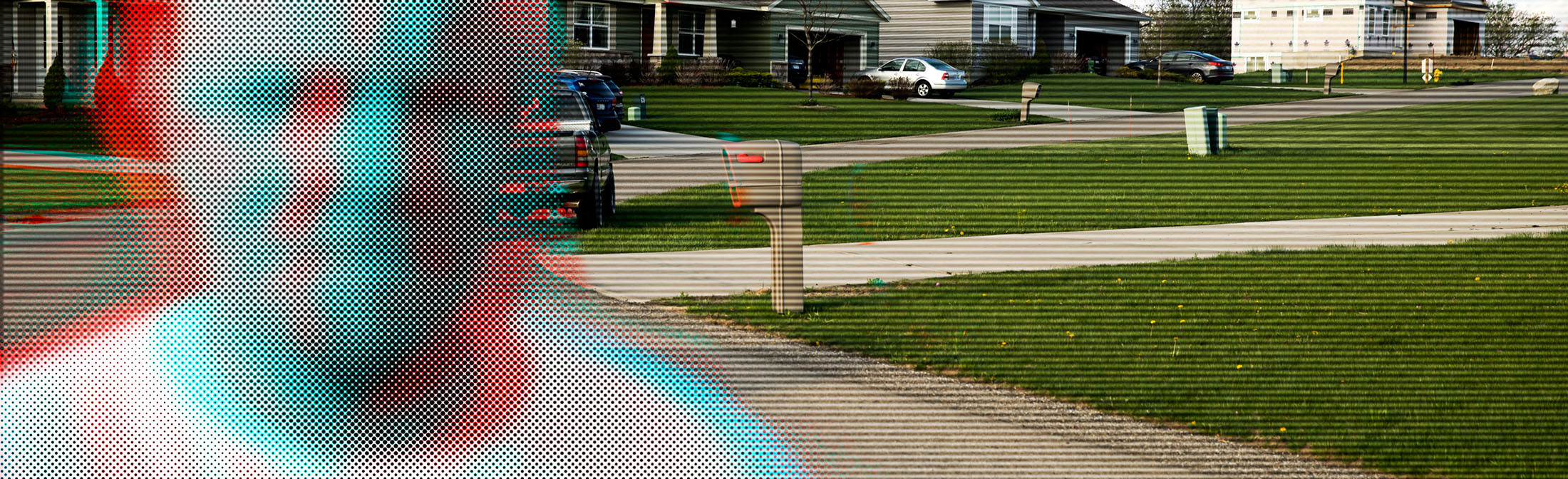 A glitch-like image of a man in a neighborhood with houses