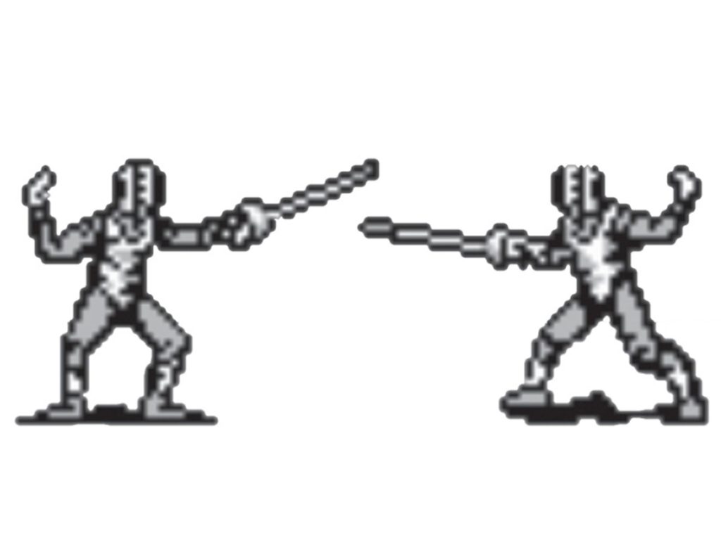 A very pixelated image of two figures holding swords and getting ready to duel.