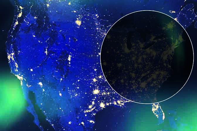 A map of the United States with a dark circle encompassing most of the eastern half.