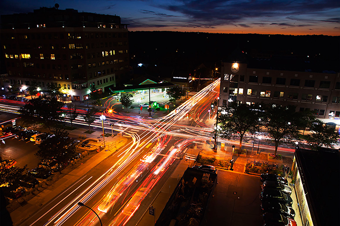 A timelapse view of a traffic at night in Ann Arbor