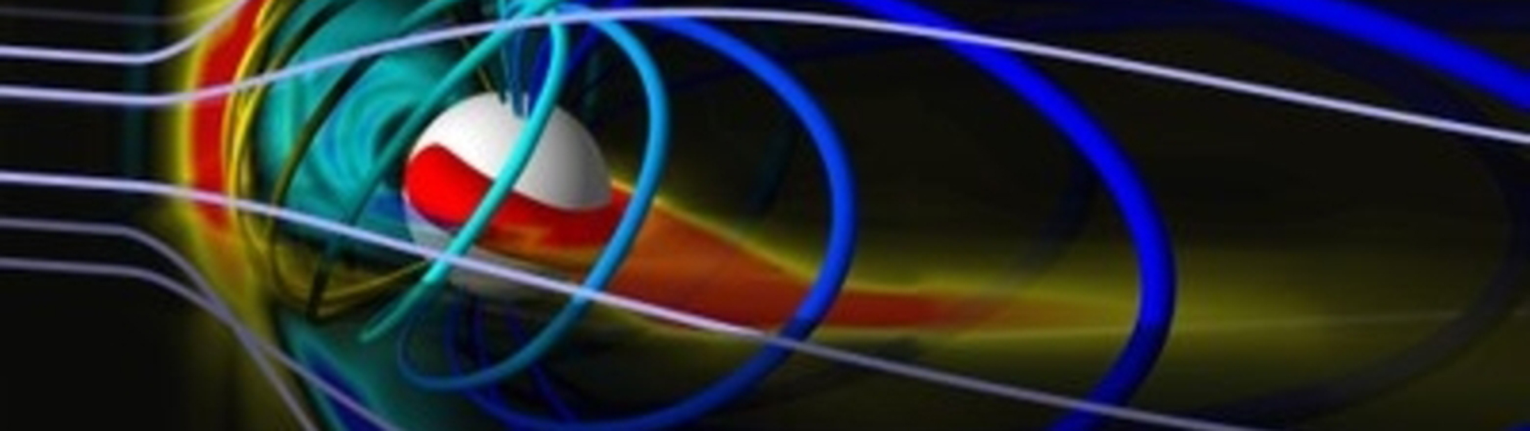 A graphic of a sphere with multicolored lines flowing around it.