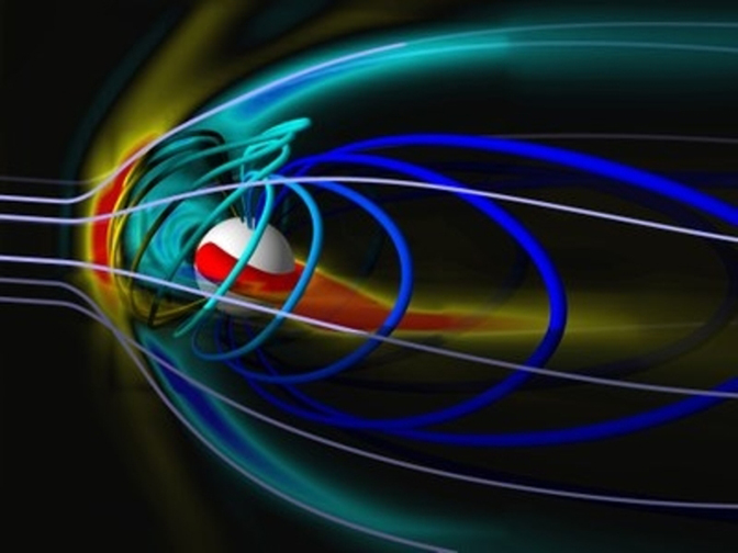 A graphic of a sphere with multicolored lines flowing around it.