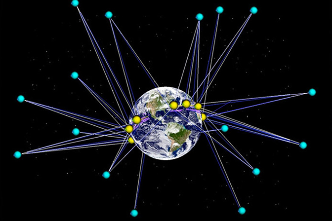 A graphic of the Earth with yellow dots along the equator and blue dots surrounding the planet in space.