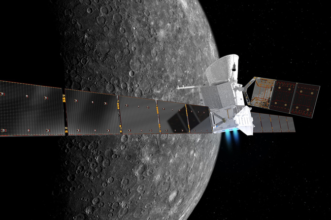 The BepiColombo spacecraft in cruise configuration as it orbits Mercury.