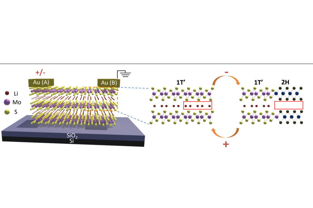 A model with Li, Mo, and S atoms in an arrangement of layers.