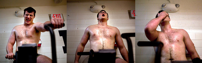 Three images of a person using an exercise bike.