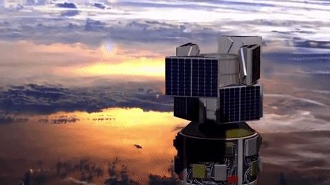 A GIF rendering of CYGNSS micro-satellites being deployed in space