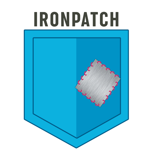 A logo depicting a blue pocket with a silver sewn on patch, labeled "ironpatch".