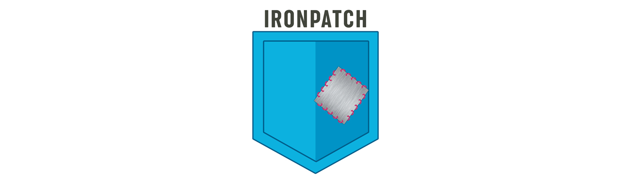 A logo depicting a blue pocket with a silver sewn on patch, labeled "ironpatch".
