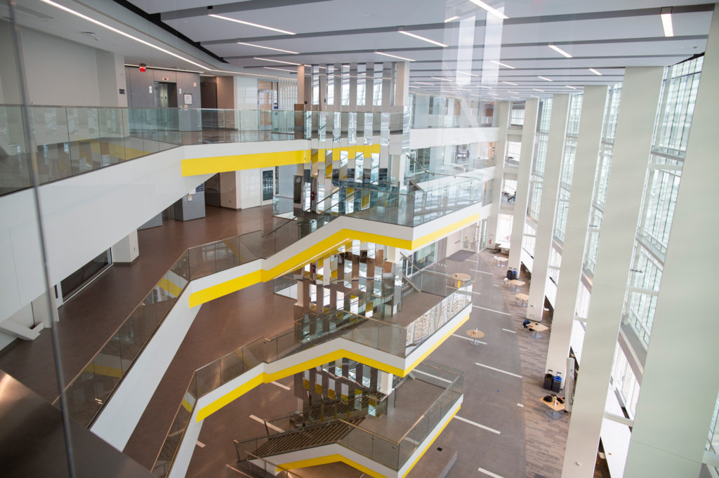 The atrium of the Ford Robotics Building at the University of Michigan.