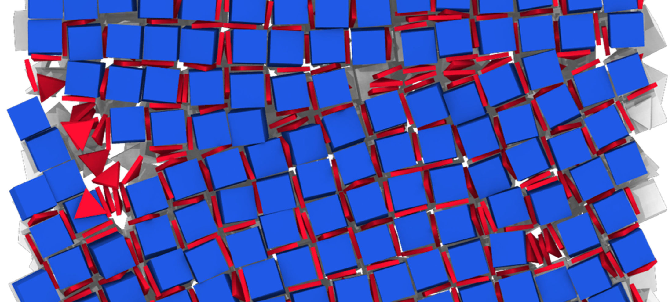 Computer simulations identified the conditions under which nanoscale cubes would self-assemble into a grid, incorporating flat triangular shapes between them. This technique could help enable new kinds of materials with new properties. Credit: Glotzer Lab, University of Michigan.